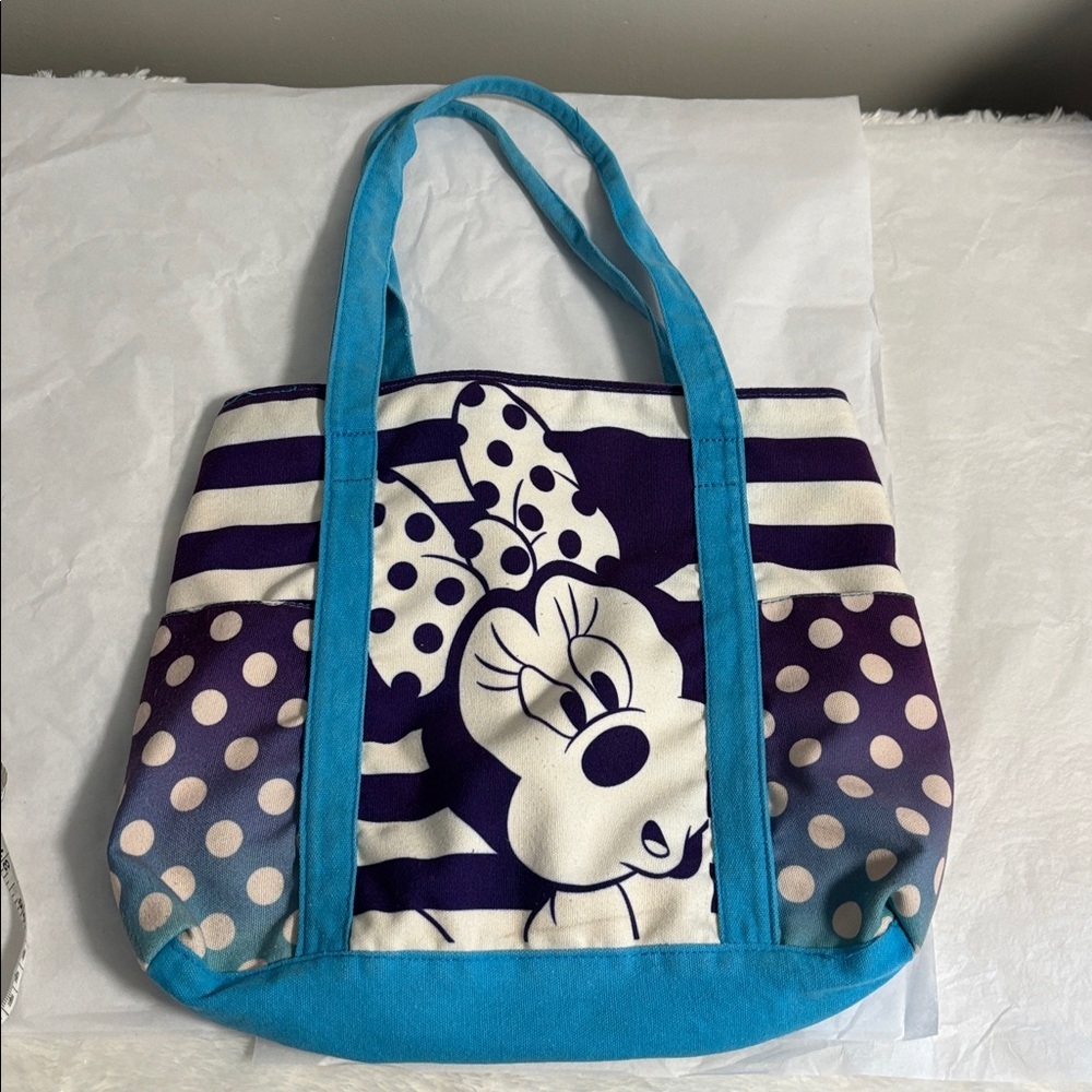 Disney Minnie Mouse Turquoise and Navy Canvas Tote Side Pockets
